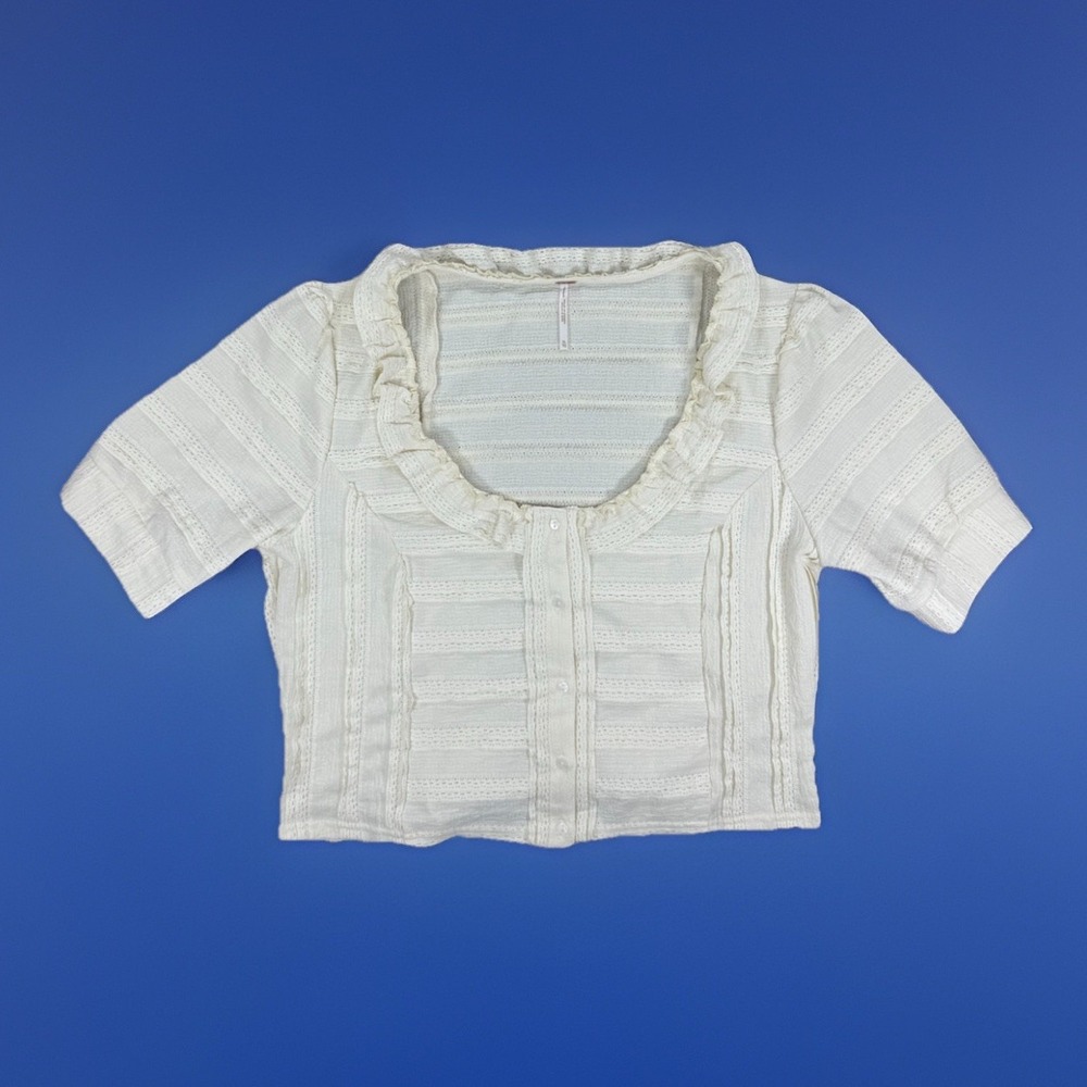 Free People Top Womens XL Cream Lace Crop Shirt Ruffle Button Boho Sheer